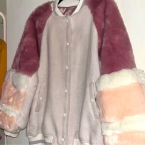 Super cute pink faux fur varsity jacket